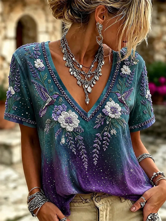 Women's Classy Humming Birds & Purple Floral Print Gradient linen short-sleeved T-shirt