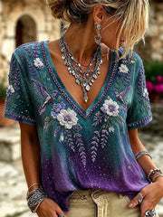 Women's Classy Humming Birds & Purple Floral Print Gradient linen short-sleeved T-shirt