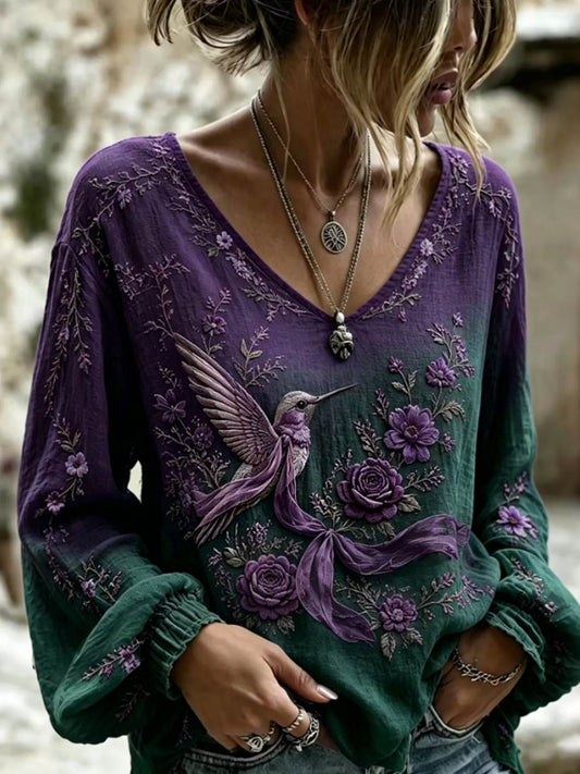 Women's Floral Hummingbird Art Alzheimer's Awareness T-shirt