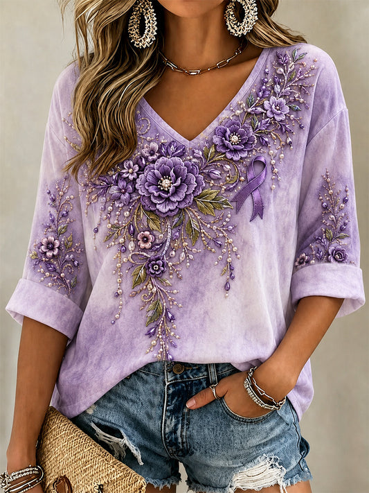 Women's Purple Floral Print Alzheimer's Awareness Support V-Neck Tee