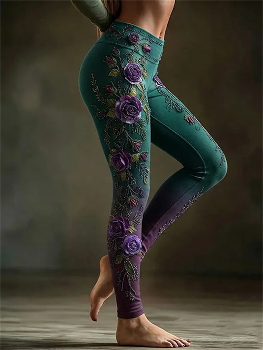 Women's Classy Purple Roses Floral Art Print Gradient Leggings