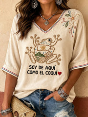 Women's Puerto Rico Art Printed Linen T-shirt