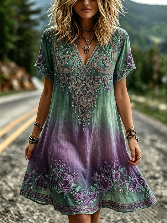 Women's Classy Purple Floral Viking Celtic Knot Gradient Print Flowy Mini Dress