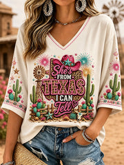 Women's She's From Texas I Can Tell Print Casual V-Neck Tee