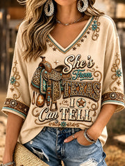 Women's She's From Texas I Can Tell Print Casual V-Neck Tee