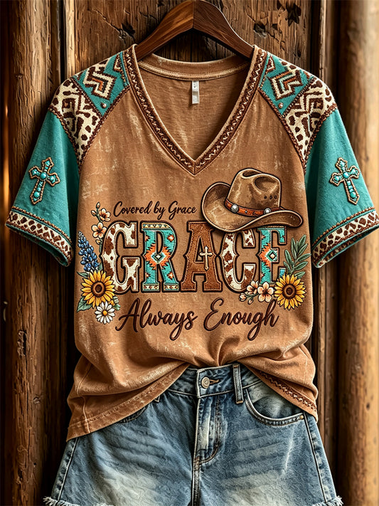Women's Covered By Grace Always Enough Turquoise Cross Western Print short-sleeved T-shirt