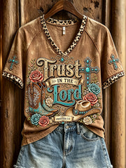 Women's Trust In The Lord Western Faith Print V-neck Short-sleeved T-shirt