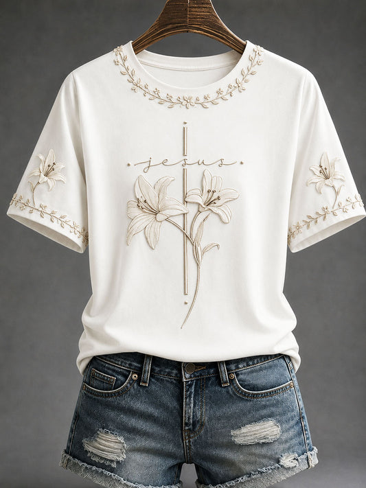 Women's"Jesus"Christian Faith Floral Print Casual T-Shirt