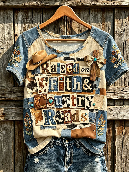 Women's retro western style pattern printed casual short-sleeve T-shirt