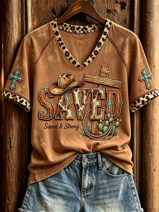 Women's Christian Saved & Strong Turquoise Cross Western Print short-sleeved T-shirt