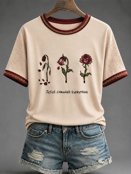 Women's"Jesus Changed Everything"Christian Faith Floral Print Casual T-Shirt