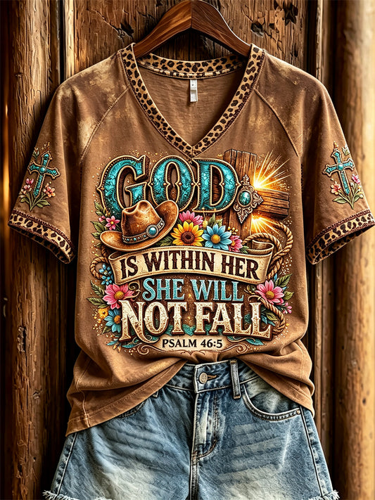 Women's God Is Within Her She Will Not Fall Turquoise Cross Western Print short-sleeved T-shirt