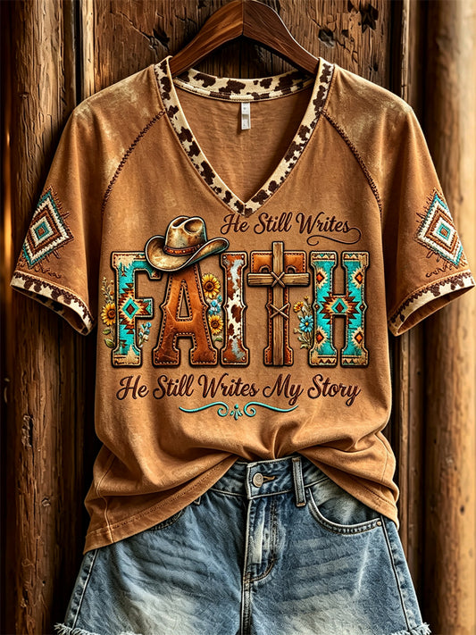 Women's Faith He Still Writes My Story Aztec Cowhide Western Print short-sleeved T-shirt