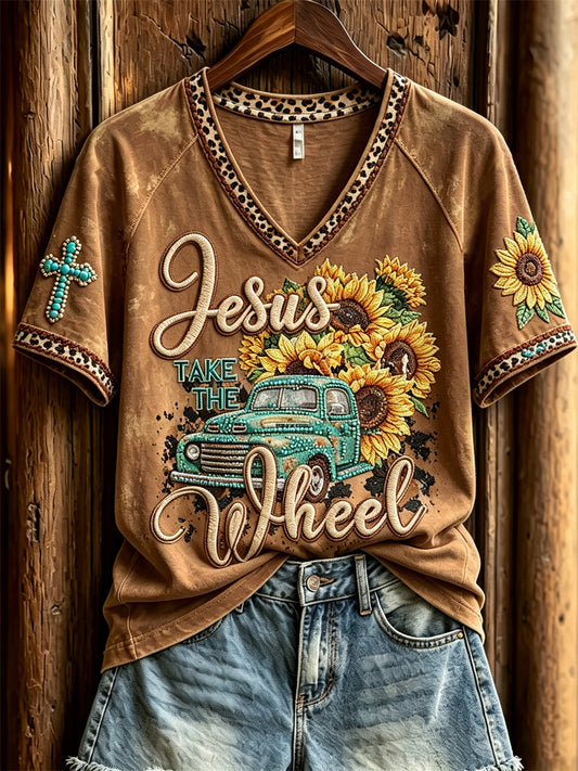 Women's Jesus Truck with Sunflowers Turquoise Cross Western Print short-sleeved T-shirt