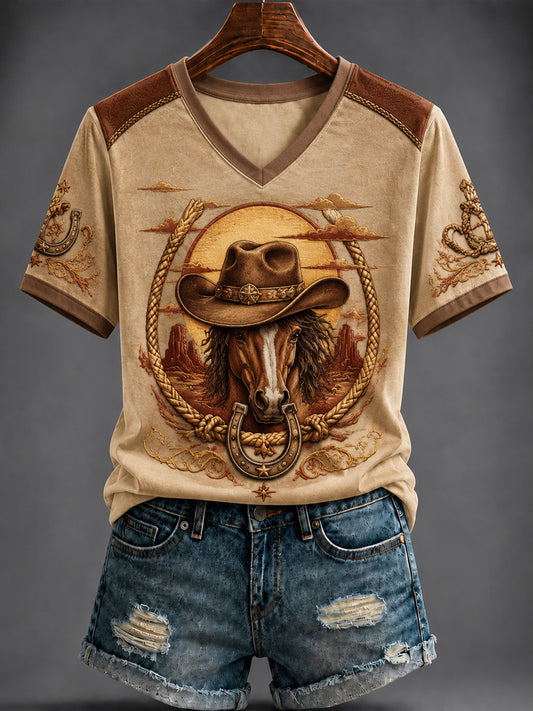 Women's Vintage Western Printed V-neck T-shirt