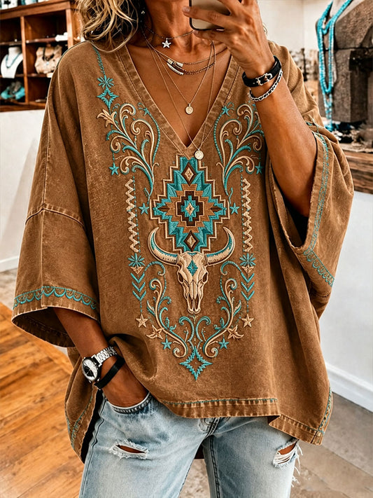 Women's Western pattern V-neck T-shirt