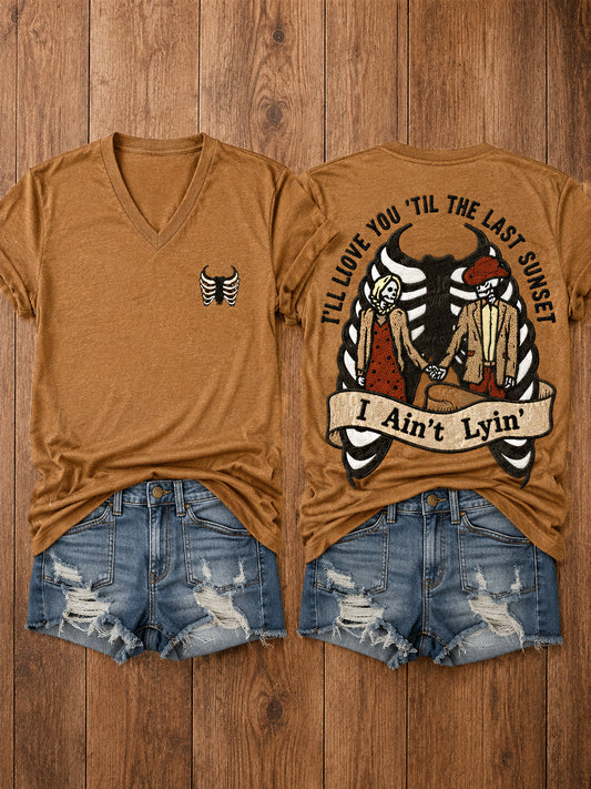 Women's Western I'll Love You 'Til My Lungs Give Out Country Music Print Casual V-Neck Tee