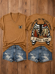 Women's Western I'll Love You 'Til My Lungs Give Out Country Music Print Casual V-Neck Tee