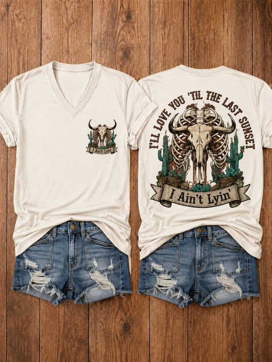 Women's Western I'll Love You 'Til My Lungs Give Out Country Music Print Casual V-Neck Tee