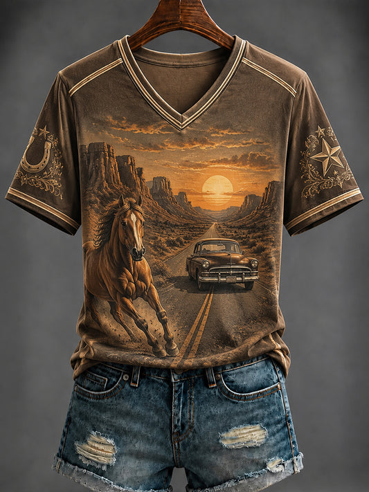 Women's Vintage Western Printed V-neck T-shirt
