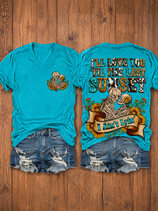 Women's Western I'll Love You 'Til My Lungs Give Out Country Music Print Casual V-Neck Tee