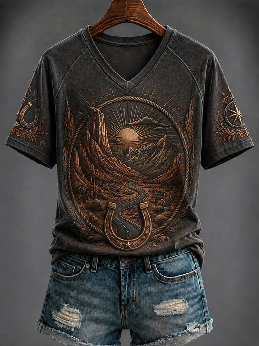 Women's Vintage Western Printed V-neck T-shirt