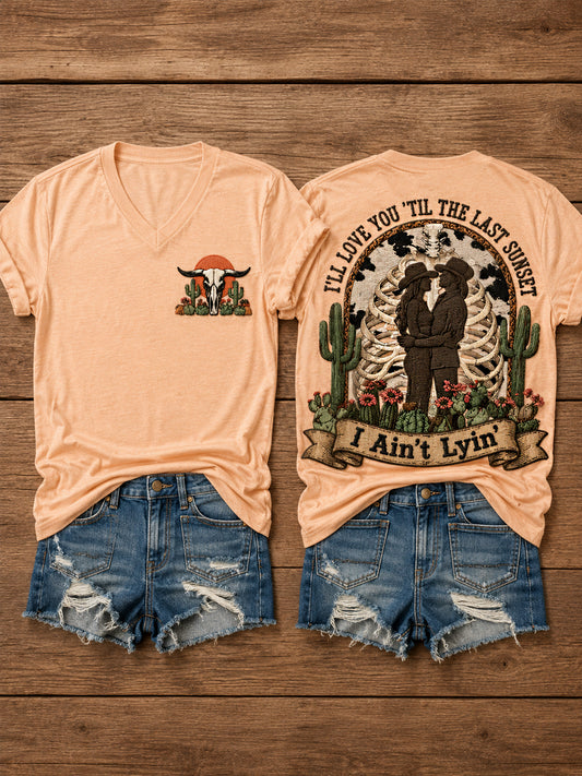 Women's Western I'll Love You 'Til My Lungs Give Out Country Music Print Casual V-Neck Tee