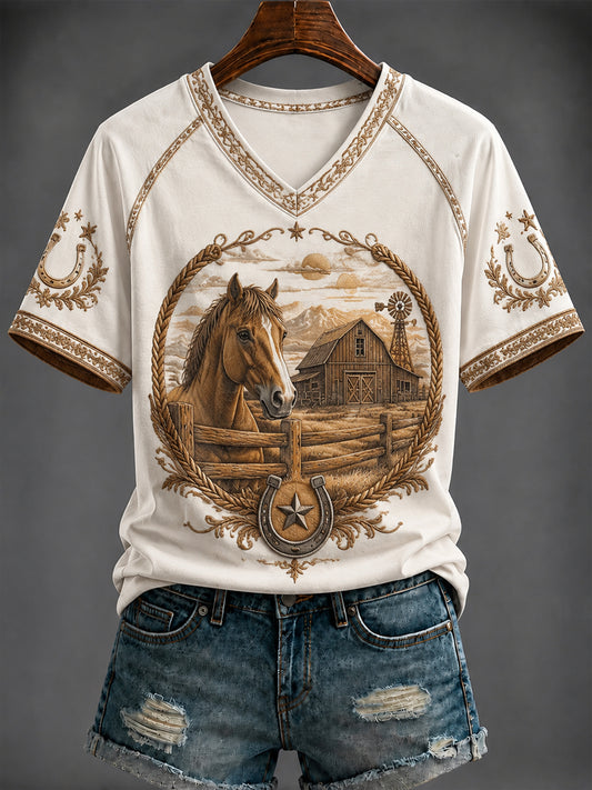 Women's Vintage Western Printed V-neck T-shirt