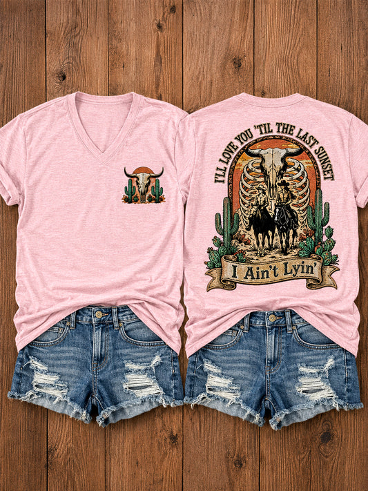 Women's Western I'll Love You 'Til My Lungs Give Out Country Music Print Casual V-Neck Tee