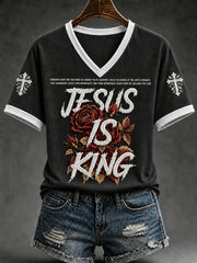Women's Christian Jesus Is King V-neck Short Sleeve T-shirt