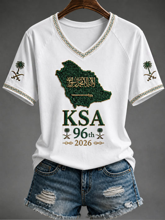 Women's Saudi National Day V-neck off-shoulder short-sleeved T-shirt