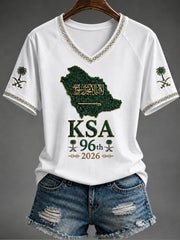Women's Saudi National Day V-neck off-shoulder short-sleeved T-shirt