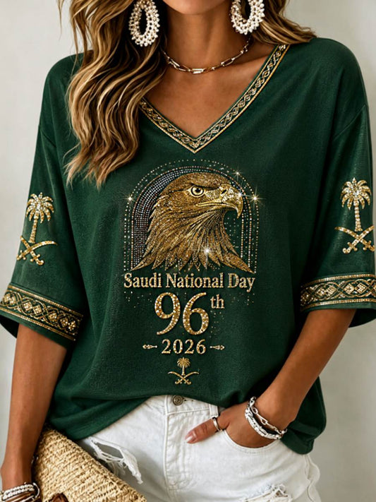 Women's Saudi National Day Mid-length Sleeves V-Neck T-Shirt
