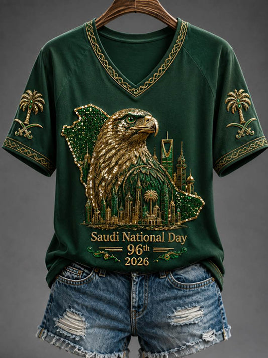Women's Saudi National Day V-neck off-shoulder short-sleeved T-shirt