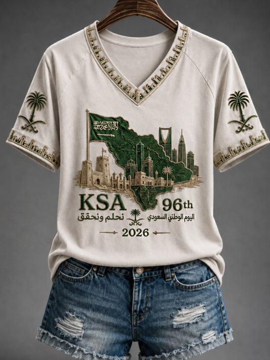 Women's Saudi National Day V-neck off-shoulder short-sleeved T-shirt
