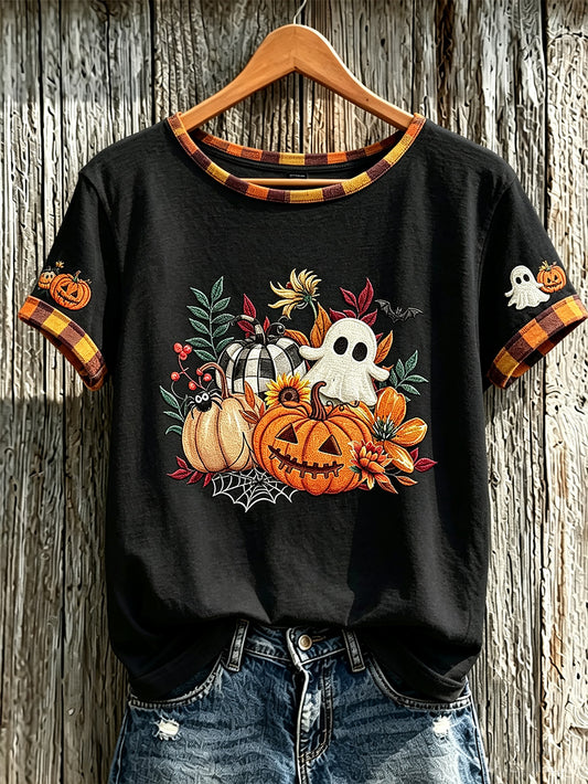 Women's autumn theme adorable ghost pattern casual short-sleeved T-shirt