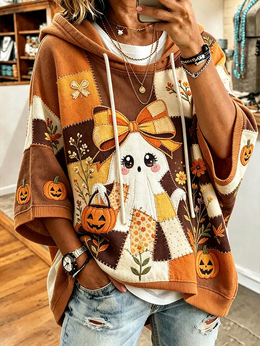Women's autumn theme adorable ghost pattern casual short-sleeve hoodie