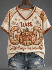 Women's With GOD All Things Are Possible Printed V-neck T-shirt