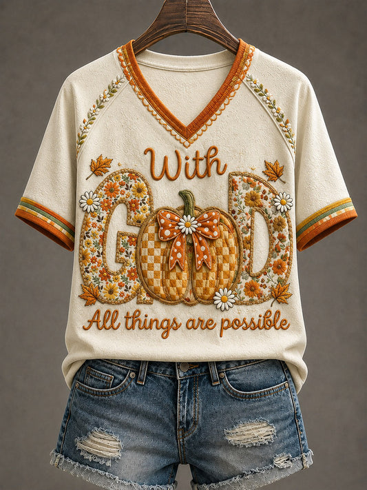 Women's With GOD All Things Are Possible Printed V-neck T-shirt
