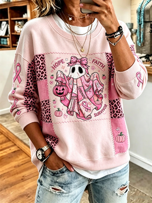 Women's breast cancer theme ghost element pattern printed casual sweatshirt
