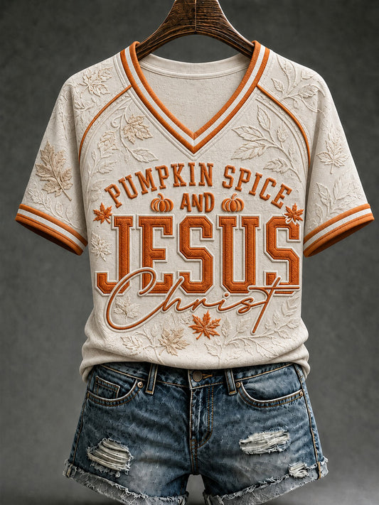 Women's Pumpkin Spice and Jesus Christ Autumn Faith Printed V-neck T-shirt