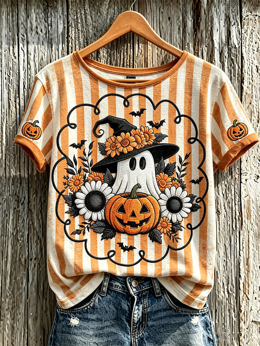 Women's autumn theme adorable ghost pattern casual short-sleeved T-shirt