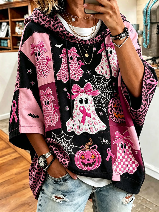 Women's ghost element patch pattern printed casual short-sleeve hoodie
