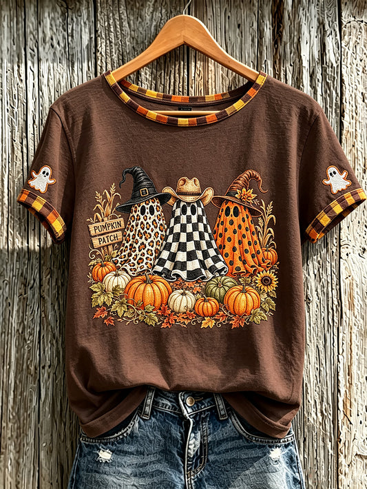 Women's autumn theme adorable ghost pattern casual short-sleeved T-shirt
