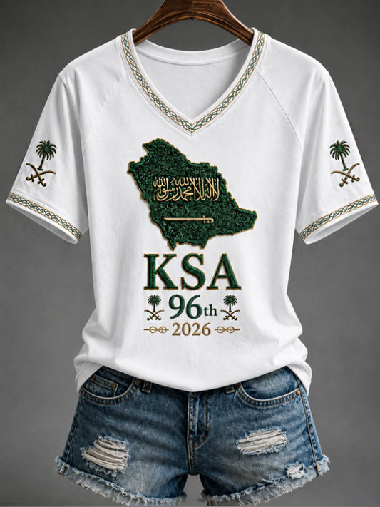 Women's Saudi National Day V-neck off-shoulder short-sleeved T-shirt