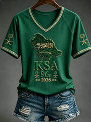 Women's Saudi National Day V-neck off-shoulder short-sleeved T-shirt