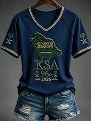 Women's Saudi National Day V-neck off-shoulder short-sleeved T-shirt