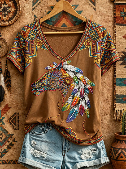 Women's Native Horse Art V-Neck T-Shirts
