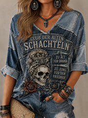 Women's Funny Slogan Print Mid-length Sleeves V-Neck T-Shirt