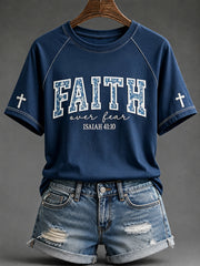 Women's Faith Over Fear Floral Print Round Neck Short Sleeve T-shirt